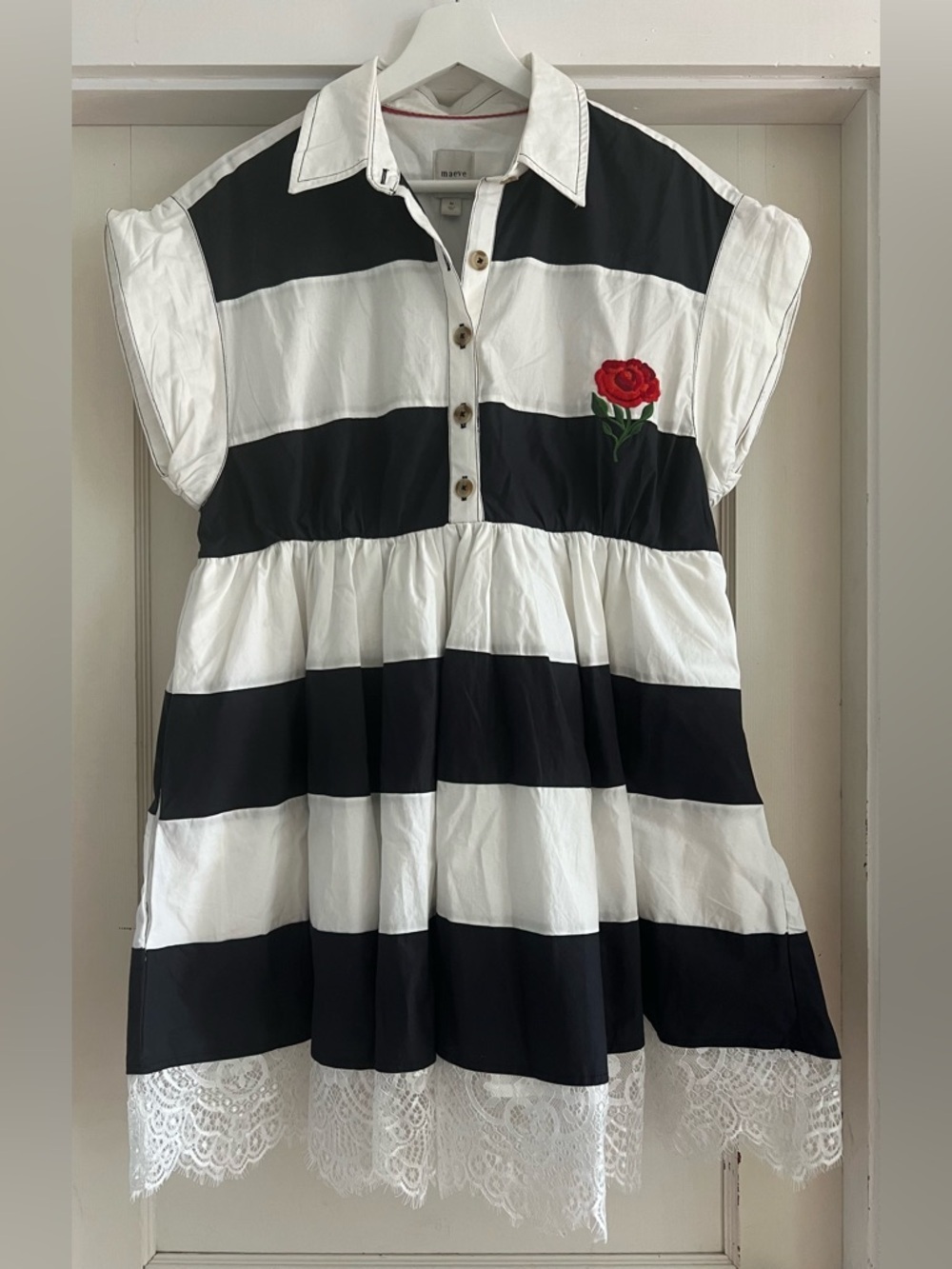 Maeve Short-Sleeve Rugby Swing Mini Dress in Black/White Size M NWT